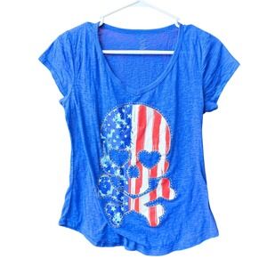 Star T-Shirt Women S Blue American Flag Skull Studded Short Sleeve Slub Tee